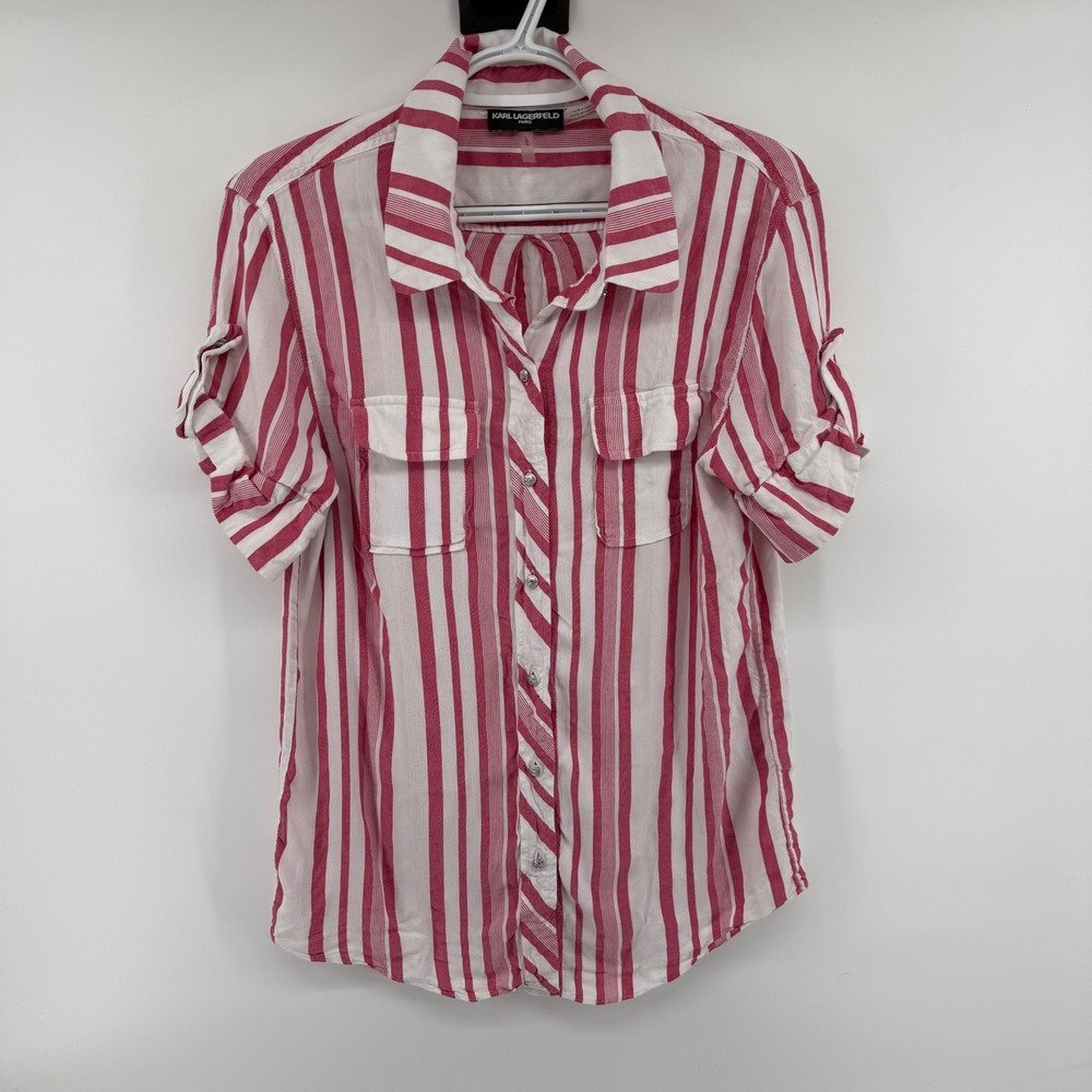 Karl Lagerfeld Paris Womens Pink White Striped‎ Roll Tab Button Down Shirt L